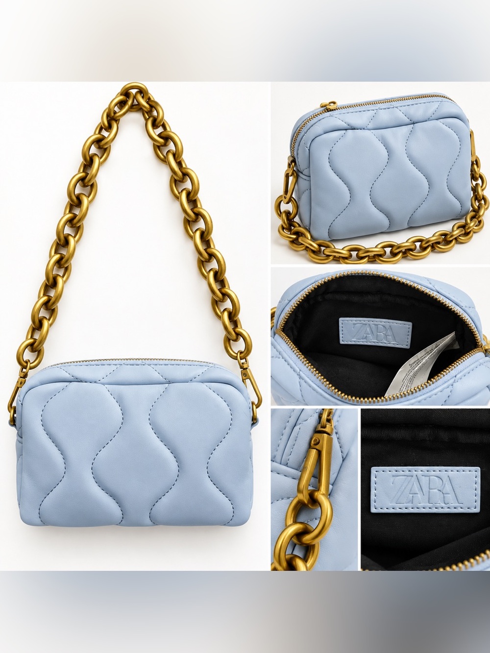 Zara Quilted Light Blue Crossbody Bag with Gold Chain